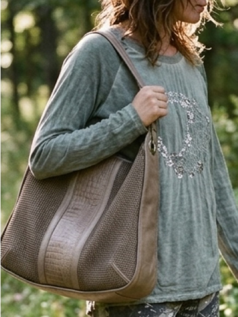 Taupe Leather-Trim Spacious Lightweight woven Tote